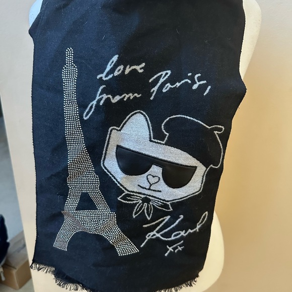 KARL LAGERFELD WOMANS EMBELLISHED LOVE PARIS CHOUPETTE EIFFEL TOWER SCARF - Picture 2 of 3